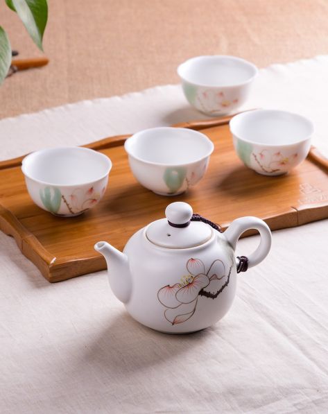 茶人岭茶器生活专场花开见禅 禅定手绘白瓷茶具茶盘6件套-唯品会